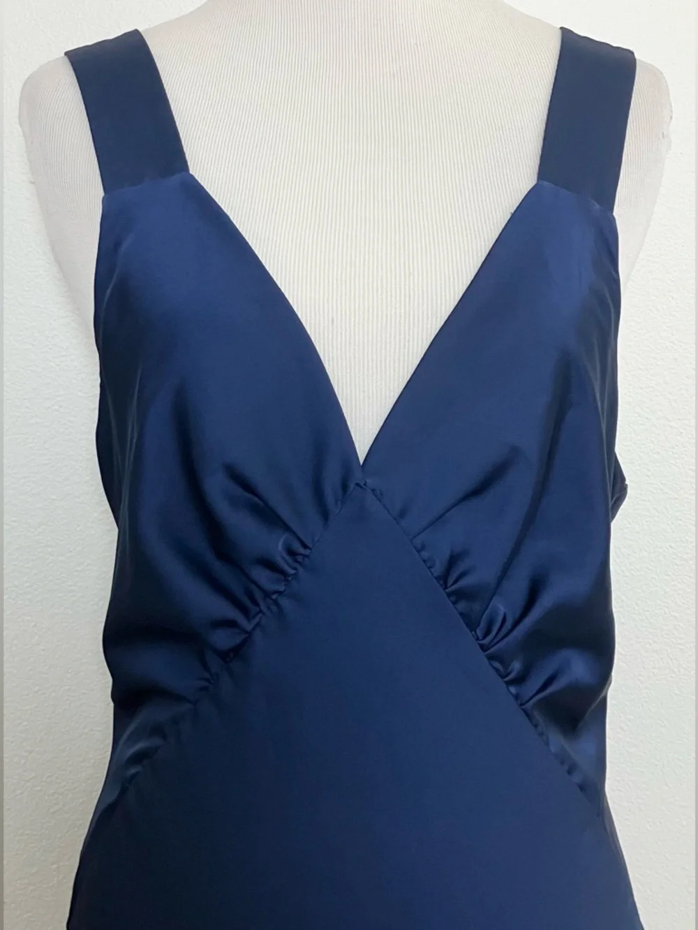 Satin Navy Blue V-Neck Maxi Dress with Wide Straps - Picture 3 of 11